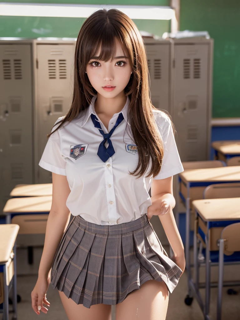 masterpiece,Highest quality,1 girl,Cowboy Shot,Front view,Young and pretty girl in Japan,Daytime, ((High school classroom:1.5)),((locker room:1.2)),((Schoolyard:1.2)),Schoolgirl uniform,blazer,wear,wear a super short blue plaid pleated micro mini skirt,No underwear,Very cute face,Glossy Lips,Double eyelids on both eyes,(Natural Makeup),shiny smooth light brown long hair,,,Asymmetrical bangs,Center image,8k resolution,Attention to detail,Detailed hairstyle,Detailed face,Cinema Lighting,Octane Rendering,Ultra-realistic,Perfect limbs,Beautiful legs,Voluptuous thighs,Huge breasts,(Glowing Skin,Sweaty:1.3)Perfect Anatomy,Spread your legs,((Provocative dynamic pose)),Skirt flip