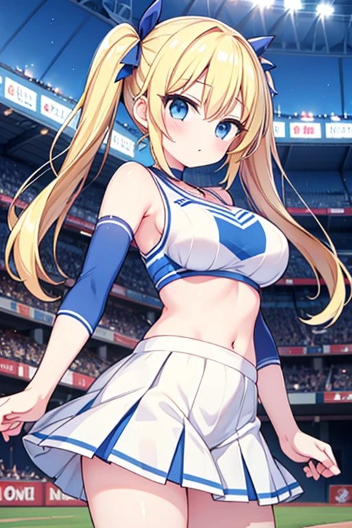 Highest quality,masterpiece,Blonde with blue eyes、Cheerleader、(BaseballStadium1.1),Be in the audience,Beautiful breasts、Twin tails、Girl's cute eyes,,jumping,under boob,enjoy,