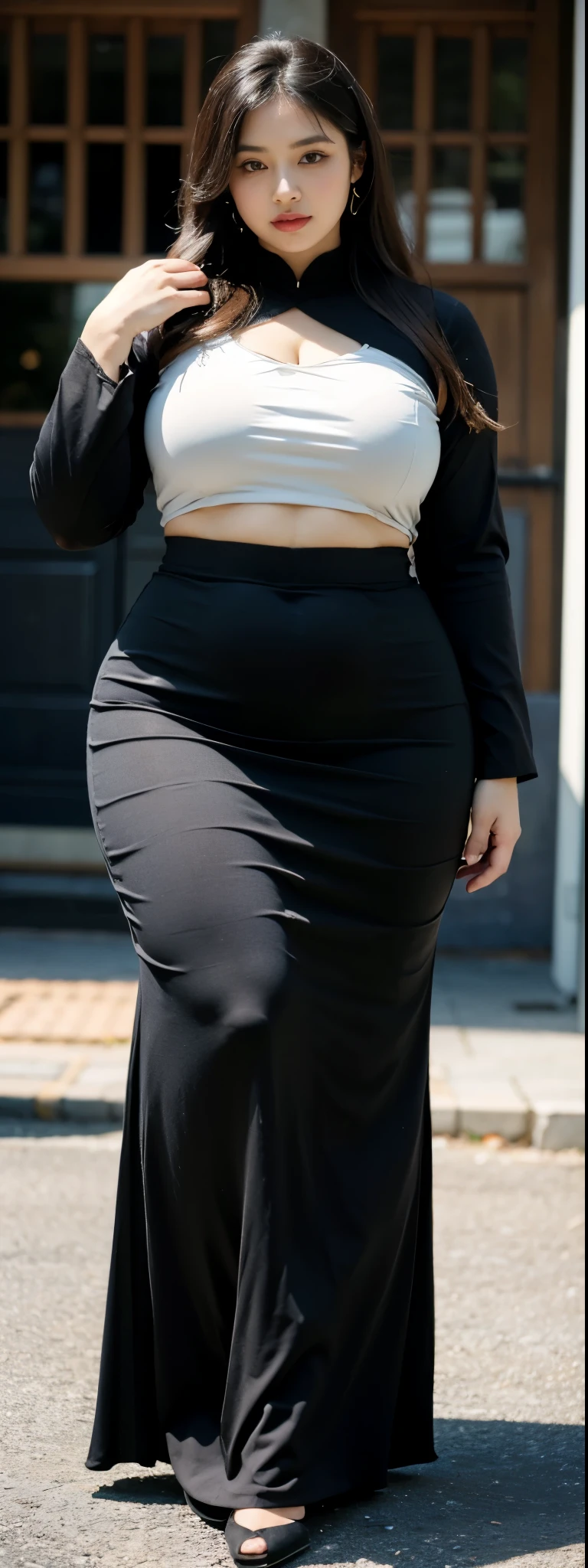 ((best quality)), ((masterpiece)), (detailed), malay woman, perfect face, araffe woman in a dark-black gamis walking down a street, thicc, she has a jiggly fat round belly, bbwchan, wearing tight simple clothes, skinny waist and thick hips, widest hips, her belly is fat and round, soft curvy shape, hyperrealistic full figure, wearing gamis , wide hips