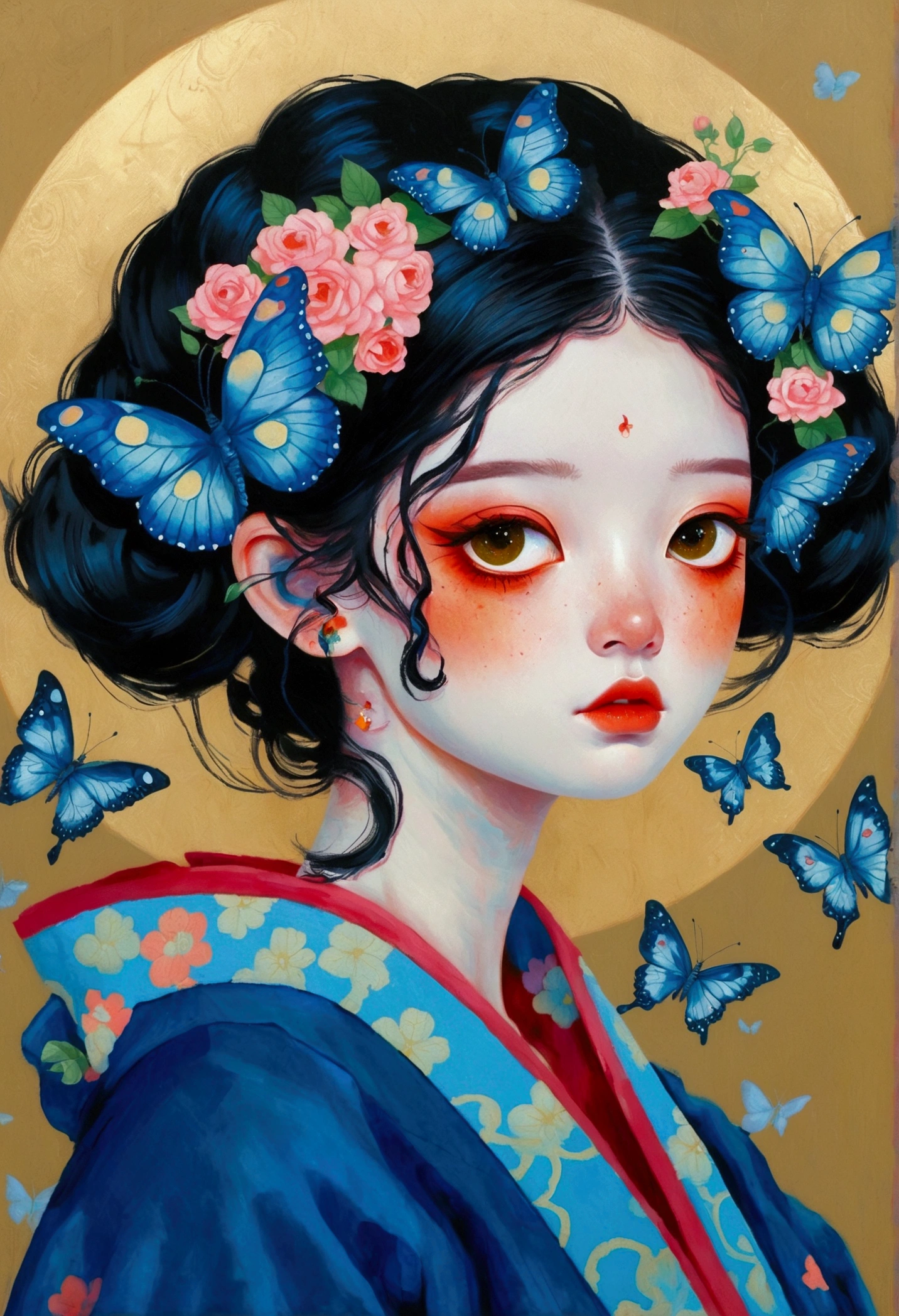 The painting shows a woman wearing a Japanese kimono，big eyes，There are butterflies and eyes on the head, James Jean (James Jean) Inspired by the extremely detailed, Popular on artstation, Pop surrealism, james jean 和 wlop, japanese Pop surrealism, Loish |, James Jean Andre Ryabovich, yanjun chengt, Beeple 和 Jeremiah Ketner, Juster Battle