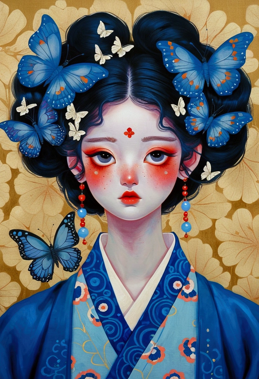 The painting shows a woman wearing a Japanese kimono,big eyes,There are butterflies and eyes on the head, James Jean (James Jean) Inspired by the extremely detailed, Popular on artstation, Pop surrealism, james jean 和 wlop, japanese Pop surrealism, Loish |, James Jean Andre Ryabovich, yanjun chengt, Beeple 和 Jeremiah Ketner, Juster Battle