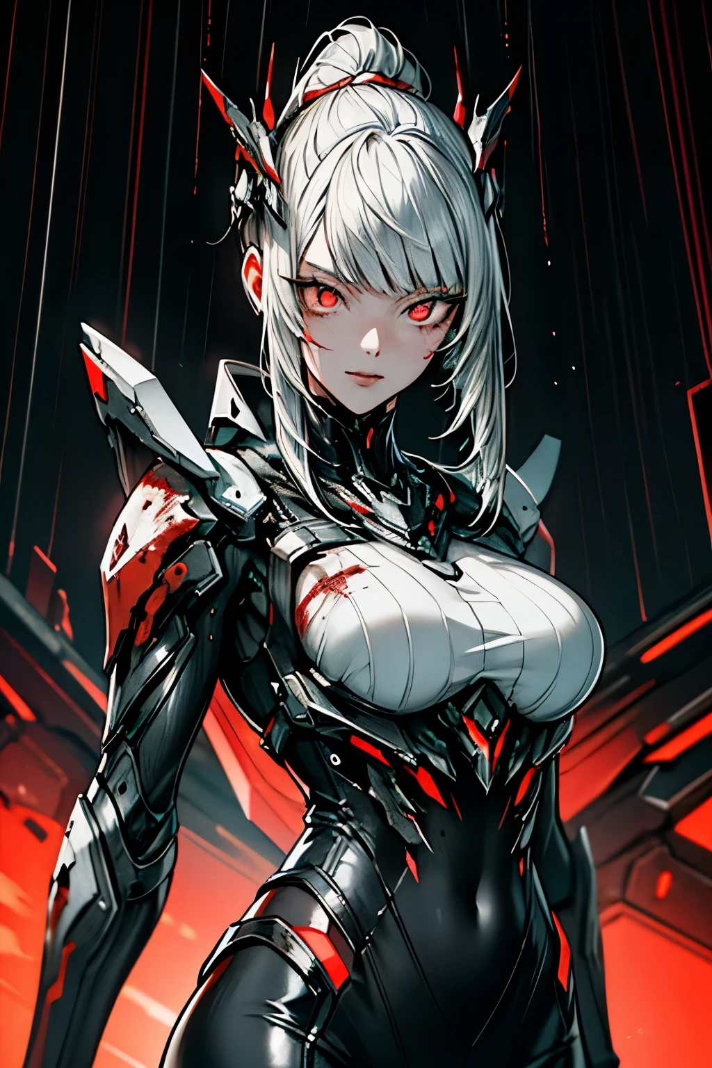 1 Japanese girl, Warframe, Complex patterns, heavy metal, Energy Line, The Faceless, Glowing eyes, elegant, intense, Blood red and black, Solitary, Modern, City, street, dark clouds, thunderstorm, Heavy rain,, Dramatic Lighting,, (masterpiece:1.2), best quality, high resolution, Exquisite and detailed, Extremely detailed, Perfect lighting,