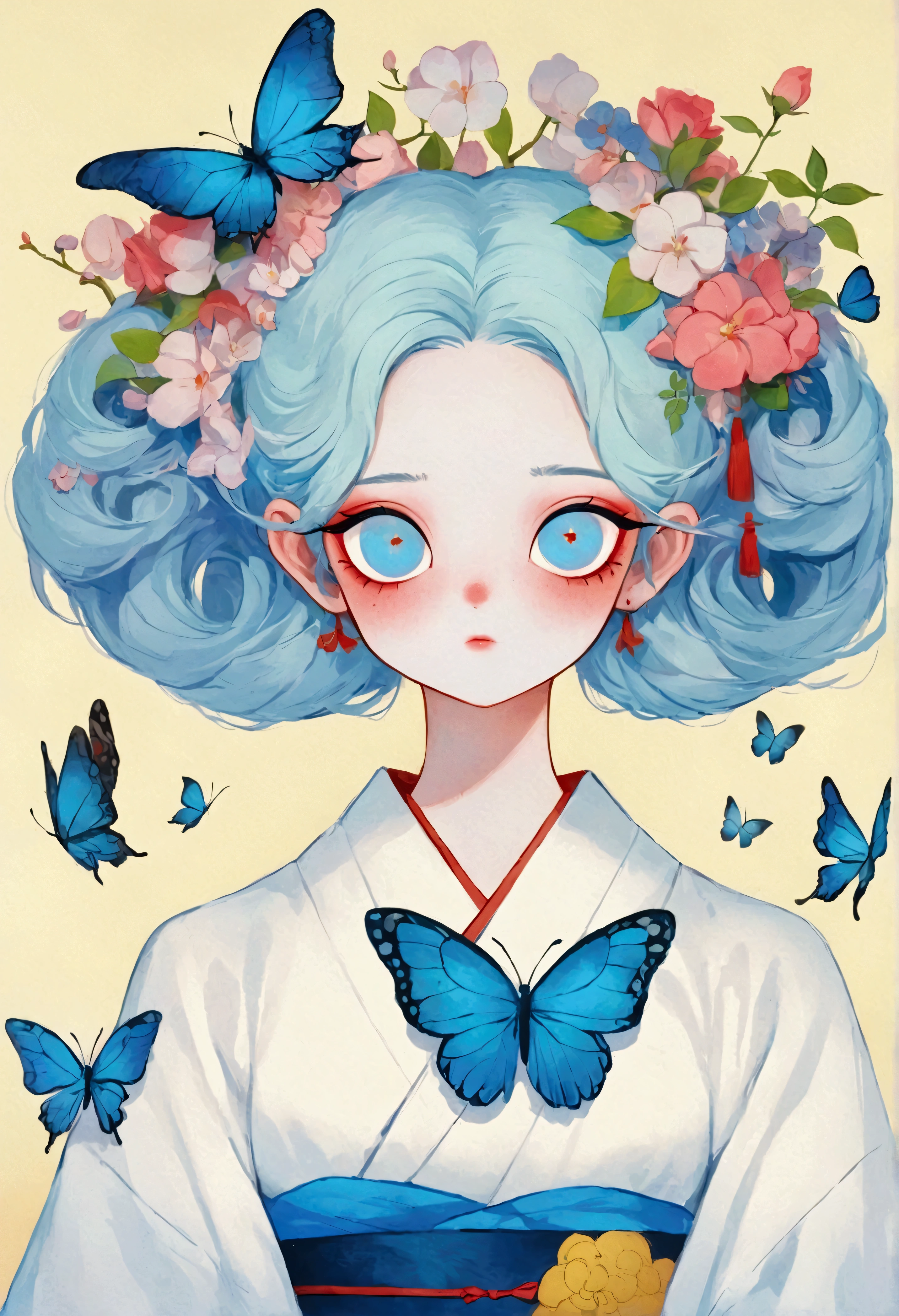 The painting shows a woman wearing a Japanese kimono，There are butterflies and eyes on the head, James Jean (James Jean) Inspired by the extremely detailed, Popular on artstation, Pop surrealism, james jean 和 wlop, japanese Pop surrealism, Loish |, James Jean Andre Ryabovich, yanjun chengt, Beeple 和 Jeremiah Ketner, Juster Battle