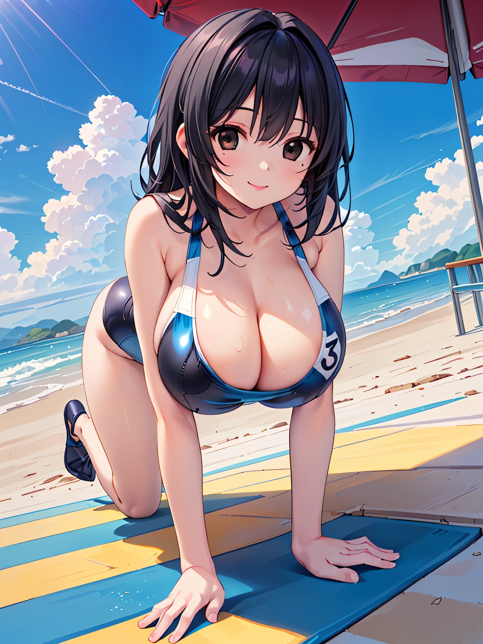 (((push ups: 2.0))), (Photo from the front: 2.0), (1 girl: 2.0), (lower breasts: 2.0), (Smile Beam: 1.5), (huge breasts: 2.0)), (huge saggy breasts: 2.0), (cleavage: 1.5), (competition swimsuit: 1.5), (high leg: 1.5)), (latex: 1.5)), anime girl in bikini posing on the beach with an umbrella, boobs, realistic bikini, swimsuit, is wearing a swimsuit, boob boobs, seductive anime girls, big boobs! , at the beach, big boobs!! , [4K Digital Art]!! , on the beach, smooth anime CG art, with big breasts, on the beach, highest quality, 4K, masterpiece, very detailed, studio lighting, hilarious, vivid expression, super high quality, very detailed, perfect photo, 3d, 8k, high resolution, black hair, (black eye: 1.5), sporty shadows, smooth anime CG art, 
