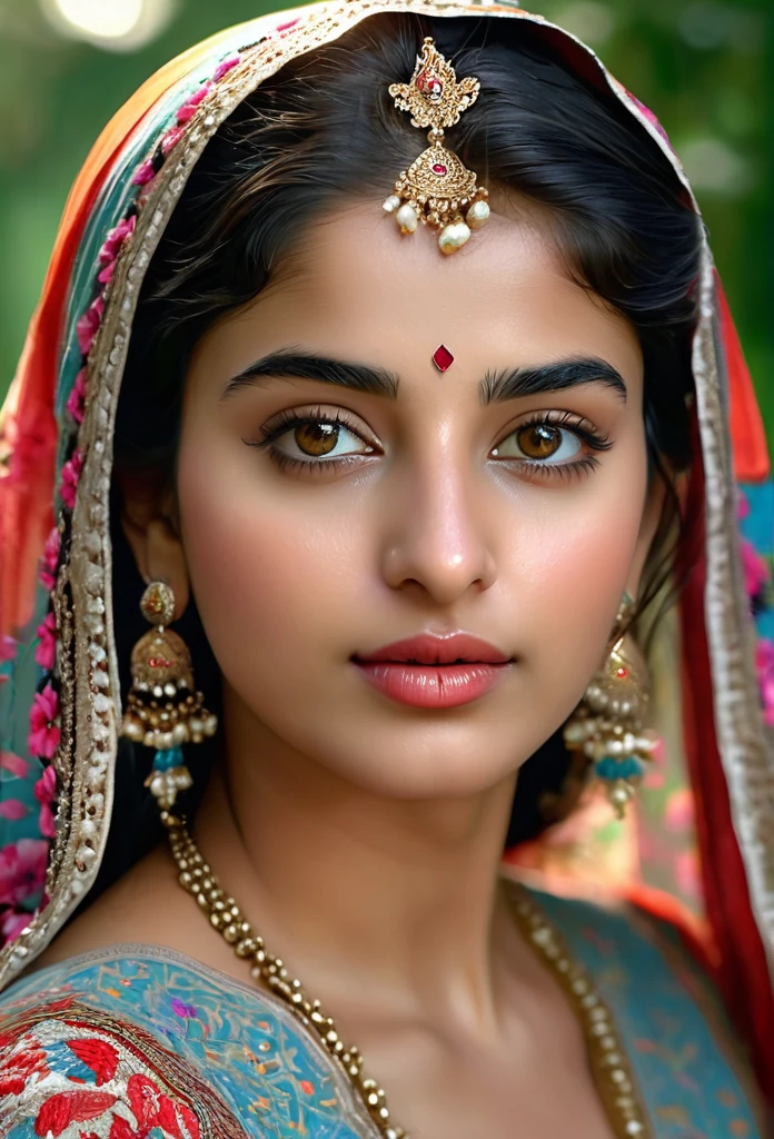 (Best quality,4k,8k,highres,masterpiece:1.2),ultra-detailed,(realistic,photorealistic,photo-realistic:1.37),stunning, vibrant colors,20 years indian young girl,beautiful detailed eyes,beautiful detailed lips,longeyelashes,medium:oil painting,soft blending techniques,warm and natural lighting,emotional expression,gentle smile,captivating gaze,delicate facial features,flowing hair,traditional syrian clothing,ornate patterns and embroidery,subtle texture on the skin,fine brushwork on the background,dreamy atmosphere,intimate and close-up composition,subtle hint of sadness but with hope shining through,a sense of resilience and strength,peaceful garden in the background,with colorful flowers and trees,soft sunlight filtering through the leaves,serene and tranquil setting,harmony between the girl and her surroundings. 1000K. Image Quality. Lively.