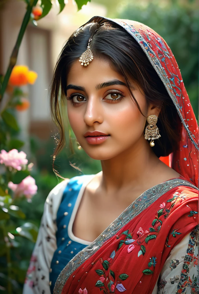 (Best quality,4k,8k,highres,masterpiece:1.2),ultra-detailed,(realistic,photorealistic,photo-realistic:1.37),stunning, vibrant colors,20 years indian young girl,beautiful detailed eyes,beautiful detailed lips,longeyelashes,medium:oil painting,soft blending techniques,warm and natural lighting,emotional expression,gentle smile,captivating gaze,delicate facial features,flowing hair,traditional syrian clothing,ornate patterns and embroidery,subtle texture on the skin,fine brushwork on the background,dreamy atmosphere,intimate and close-up composition,subtle hint of sadness but with hope shining through,a sense of resilience and strength,peaceful garden in the background,with colorful flowers and trees,soft sunlight filtering through the leaves,serene and tranquil setting,harmony between the girl and her surroundings. 1000K. Image Quality. Lively.