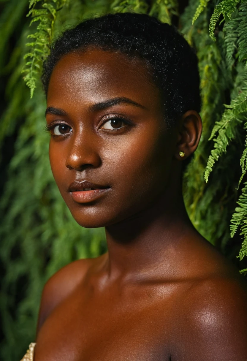 (kerala dark black teen model girl), ((dark skinned teen goddess)) , short hair, cinematic fern wall portrait,((Half Body)), ((very dark skinned teen body), (5 yeears old), (very dark nipple and areola), (voluptuous pear shape teen), ((jut boobs)), ((nude thick dark thigh)), high heel, (petticoat), (light flare), ornaments, photorealistic,photo, realism, Getty Images, RAW candid cinema, Use a Sony Venice camera with a 50mm prime lens at f/1.8 to capture the shot, remarkable colour, ultra realistic, textured skin, remarkable detailed pupils, realistic dull skin noise, visible dark skin detail, skin fuzz, dry skin, shot with cinematic,light leaks, RAW Image, DOF, depth of field, High-resolution detail capturing the natural texture of the skin, including pores, fine lines, and natural highlights and shadows, Emphasize a natural, healthy glow, showcasing the beauty of real dark skin, A graceful, confident posture with a gentle smile or a serene expression