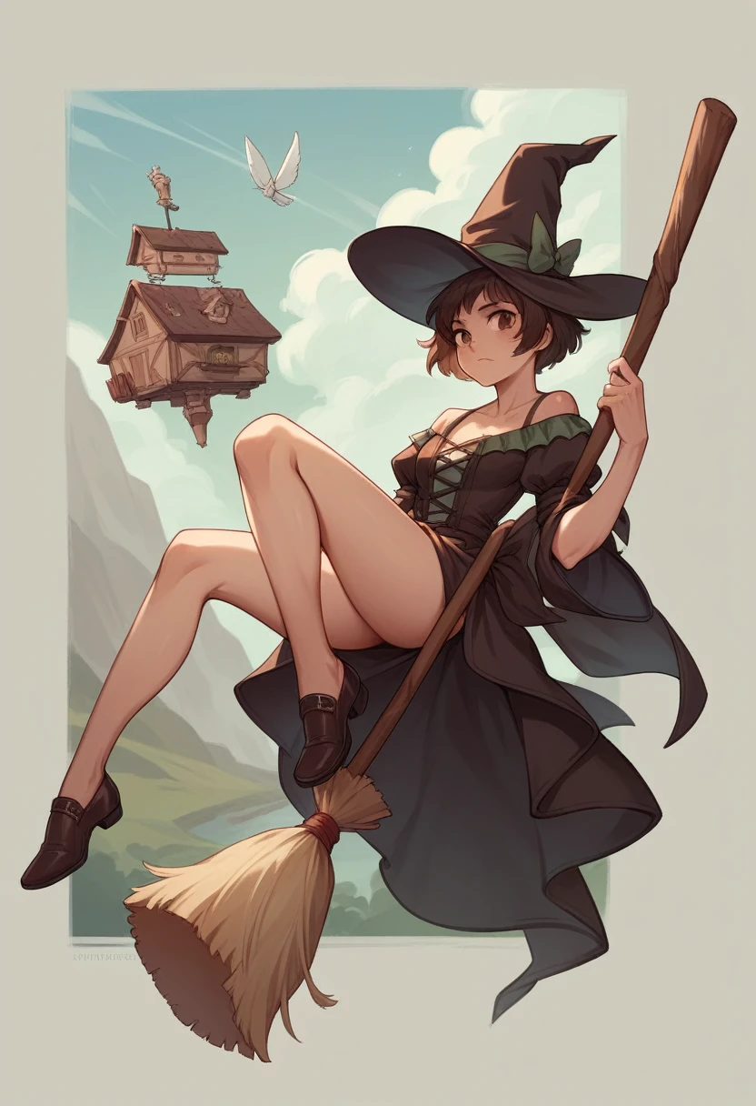 a surreal photo of a Quidditch game, a beautiful, mischievous witch flying on a broomstick through a pastry shop among mountains of chocolate and marshmallows, sitting on a broom, leaning back, leaning on her hands, half turned to the viewer, in a stunning dress with a slit to the thigh, she has long legs, with the right anatomy, aesthetic, unexpected angle
