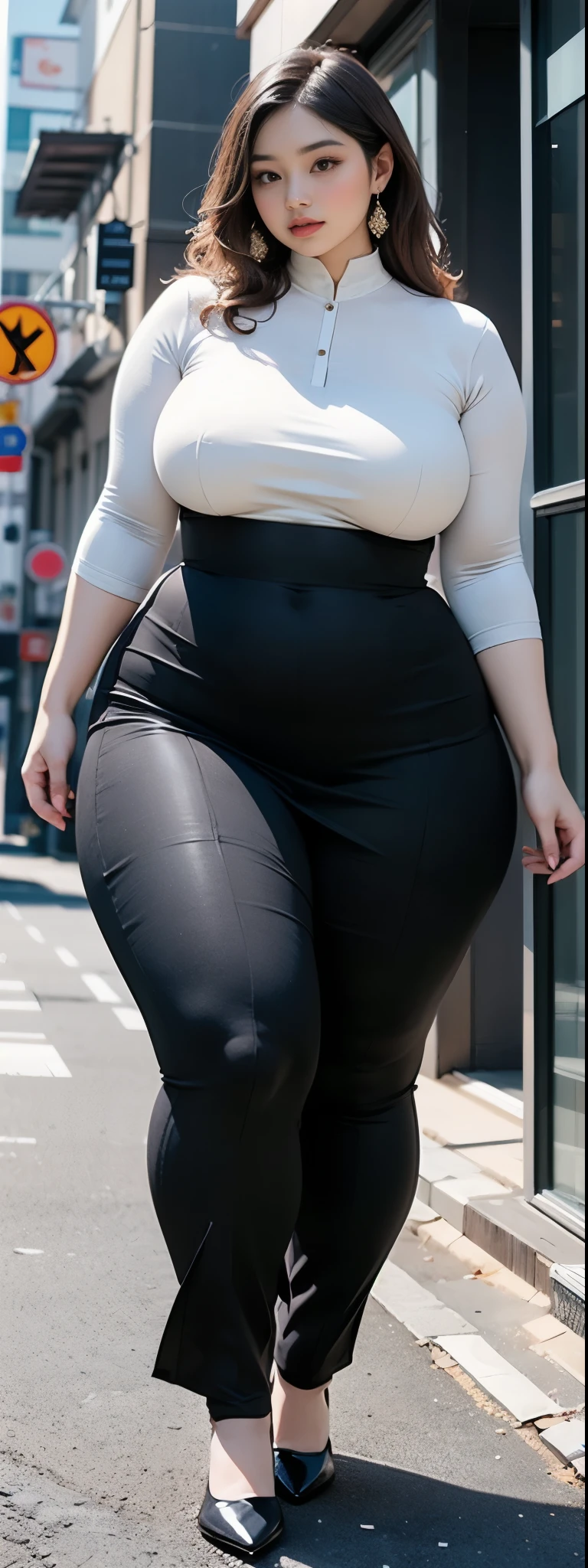 ((best quality)), ((masterpiece)), (detailed), malay woman, perfect face, araffe woman in a dark-black gamis walking down a street, thicc, she has a jiggly fat round belly, bbwchan, wearing tight simple clothes, skinny waist and thick hips, widest hips, her belly is fat and round, soft curvy shape, hyperrealistic full figure, wearing gamis , wide hips