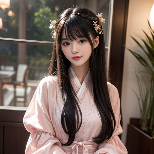 best quality, Delicate face，beautiful visual work, lifelike, eternity, black hair, Long curly hair, blunt bangs, Smile, Detailed Background, Delicate face，pink blush，cold，((masterpiece))、(top quality)、8k、high detail、Super detailed，21 years old female，Wearing wide-sleeved Hanfu、Clothes made of chiffon,Seductive and whimsical style、masterpiece、born、Scenes resembling fairy tale illustrations、intricate details和複雜的設計、Beautifully、magic、capricious、 Beautifully、Dream aesthetics、「𝓡𝓸𝓶𝓪𝓷𝓽𝓲𝓬、ethereal、charming、fickle、magic」、realism、Visual effects、FXAA、SSAO、Shader、voiceless、ambient lighting、Tone mapping、High resolution、Ultra high quality、Million pixels、(8K resolution:1.10)、8k、8k以下、8K resolution、high detail、intricate details， (high quality:1.2、masterpiece:1.2、:1.21)、(21 years old female:1.21)、(興奮地Smile)、(Surrounded by a dreamy atmosphere、Model diagram，full-body shot，Normal 2 feet，don&#39;t stretch out your hand，When wearing clothes, you can see the protrusions of your breasts. They are big breasts., Big , H cups on the chest, Landscape photos