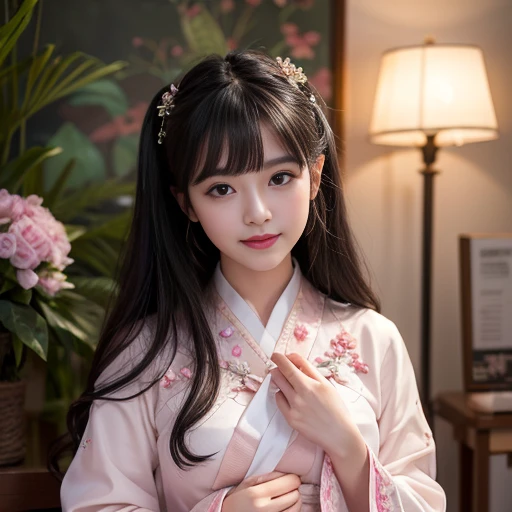 best quality, Delicate face，beautiful visual work, lifelike, eternity, black hair, Long curly hair, blunt bangs, Smile, Detailed Background, Delicate face，pink blush，cold，((masterpiece))、(top quality)、8k、high detail、Super detailed，21 years old female，Wearing wide-sleeved Hanfu、Clothes made of chiffon,Seductive and whimsical style、masterpiece、born、Scenes resembling fairy tale illustrations、intricate details和複雜的設計、Beautifully、magic、capricious、 Beautifully、Dream aesthetics、「𝓡𝓸𝓶𝓪𝓷𝓽𝓲𝓬、ethereal、charming、fickle、magic」、realism、Visual effects、FXAA、SSAO、Shader、voiceless、ambient lighting、Tone mapping、High resolution、Ultra high quality、Million pixels、(8K resolution:1.10)、8k、8k以下、8K resolution、high detail、intricate details， (high quality:1.2、masterpiece:1.2、:1.21)、(21 years old female:1.21)、(興奮地Smile)、(Surrounded by a dreamy atmosphere、Model diagram，full-body shot，Normal 2 feet，don&#39;t stretch out your hand，When wearing clothes, you can see the protrusions of your breasts. They are big breasts., Big , H cups on the chest, Landscape photos