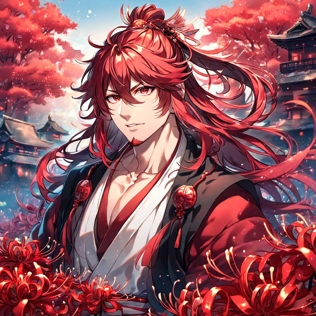 absurdres, highres, ultra detailed, HDR, master piece, best quality, detailed eyes, extremely detailed, delicated features, Ren Kouen, red hair, hair tied into a topknot, hair between the eyes, medium length hair, red goatee, expressive red eyes, Magi The Labyrinth of Magic, solo, sexy man, handsome, manly man, adult, mature face, traditional clothes that are mainly red white and black in colour along with a black flowing cape, magical, fantasy, red spider lilies, red glittering dragonflies, red lanterns, traditional Japanese house, red trees