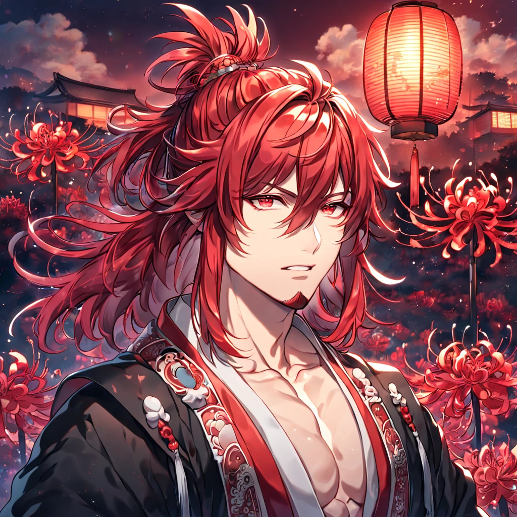 absurdres, highres, ultra detailed, HDR, master piece, best quality, detailed eyes, extremely detailed, delicated features, Ren Kouen, red hair, hair tied into a topknot, hair between the eyes, medium length hair, red goatee, expressive red eyes, Magi The Labyrinth of Magic, solo, sexy man, handsome, manly man, adult, mature face, traditional clothes that are mainly red white and black in colour along with a black flowing cape, magical, fantasy, red spider lilies, red glittering dragonflies, red lanterns, traditional Japanese house, red trees