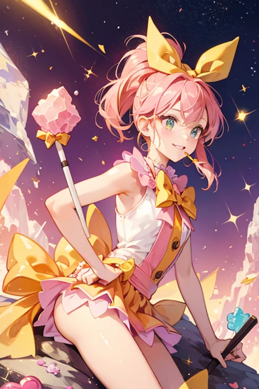 A pink and orange girl candy with a rock candy stick. She has a winking face and has a yellow bow. SPARKLE; GLITTER