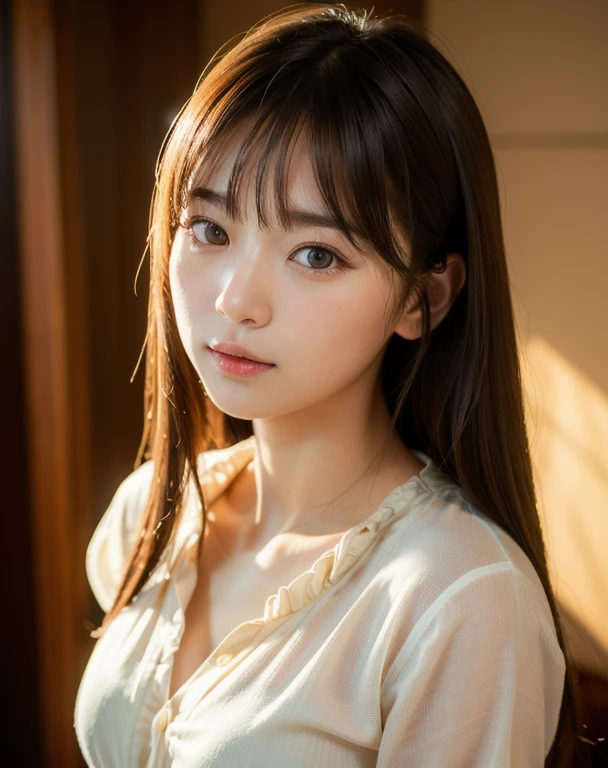 best quality, Face Focus, Soft Light, Ultra-high resolution, (Reality:1.4), RAW photos,
1japanese girl, Solitary, Lovely, (pupil, Light in Eyes),  Detailed beautiful face, (Small chest),(High-resolution details of human skin texture),
(Long hair),
indoor,
Brocade shirt dress,
(portrait)