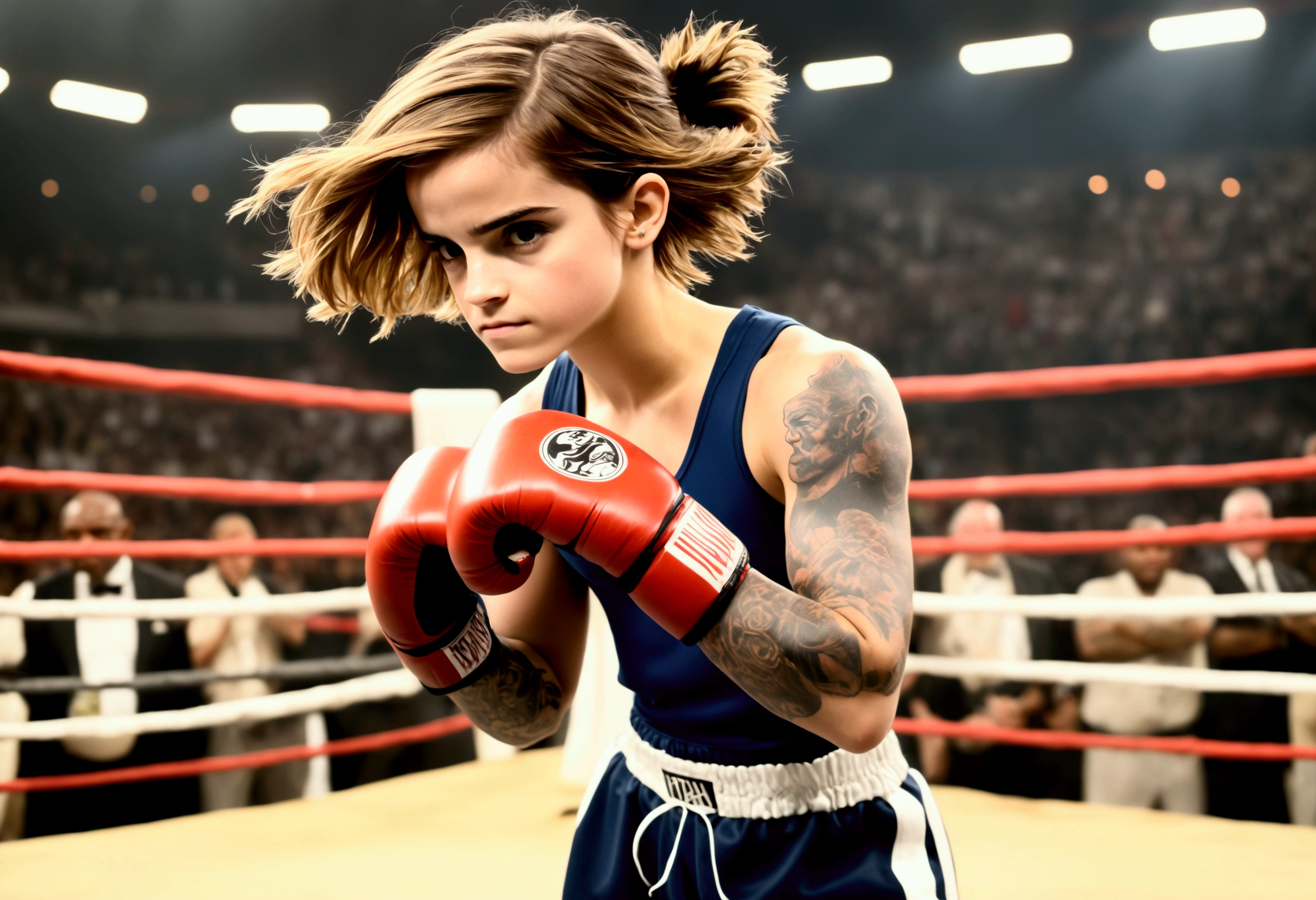 Emma Watson, , cute Olympic boxing outfit, in a boxing stance. She is in the boxing ring facing Mike Tyson (age 30, in his muscular prime, scary tattoos, fighting stance)
