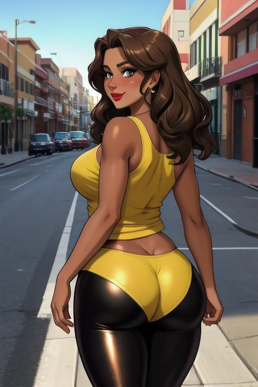 (best quality:1.3), (4K quality),masterpiece, best quality, high res, detailed, (Detailed face:1.2), (Detailed eyes:1.2), (Perfect figure:1.2), CARTOON, ANIME, CARTOON ARTSTYLE, a 42-year-old Latina woman, (tan-bronze skin:1.5), red lipstick, mascara, eyeshadow, she is wearing a red tank-top and shiny black leggings, she has a fat ass and wide hips, she have long brown hair, amber colored eyes, she has a wide load butt and plump figure, she's walking down the streets of Los Angeles. She's looking at the camera with an amused look on her face, she's blushing, she very flirtatious. Pov from behind, ass view, looking at from behind, solo focus