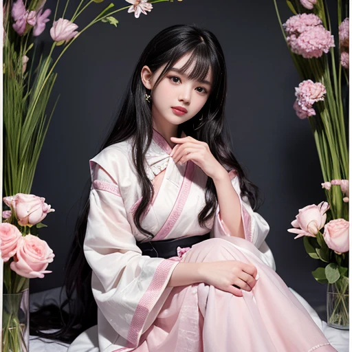 best quality, Delicate face,beautiful visual work, lifelike, eternity, black hair, Long curly hair, blunt bangs, Smile, Detailed Background, Delicate face,pink blush,cold,((masterpiece))、(top quality)、8k、high detail、Super detailed,21 years old female,Wearing wide-sleeved Hanfu、Clothes made of chiffon,Seductive and whimsical style、masterpiece、born、Scenes resembling fairy tale illustrations、intricate details和複雜的設計、Beautifully、magic、capricious、 Beautifully、Dream aesthetics、「𝓡𝓸𝓶𝓪𝓷𝓽𝓲𝓬、ethereal、charming、fickle、magic」、realism、Visual effects、FXAA、SSAO、Shader、voiceless、ambient lighting、Tone mapping、High resolution、Ultra high quality、Million pixels、(8K resolution:1.10)、8k、8k以下、8K resolution、high detail、intricate details, (high quality:1.2、masterpiece:1.2、:1.21)、(21 years old female:1.21)、(興奮地Smile)、(Surrounded by a dreamy atmosphere、Model diagram,full-body shot,Normal 2 feet,don't stretch out your hand,When wearing clothes, you can see the protrusions of your breasts. They are big breasts., Big , H cups on the chest, Landscape photos