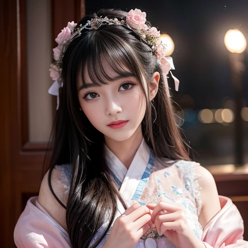 best quality, Delicate face,beautiful visual work, lifelike, eternity, black hair, Long curly hair, blunt bangs, Smile, Detailed Background, Delicate face,pink blush,cold,((masterpiece))、(top quality)、8k、high detail、Super detailed,21 years old female,Wearing wide-sleeved Hanfu、Clothes made of chiffon,Seductive and whimsical style、masterpiece、born、Scenes resembling fairy tale illustrations、intricate details和複雜的設計、Beautifully、magic、capricious、 Beautifully、Dream aesthetics、「𝓡𝓸𝓶𝓪𝓷𝓽𝓲𝓬、ethereal、charming、fickle、magic」、realism、Visual effects、FXAA、SSAO、Shader、voiceless、ambient lighting、Tone mapping、High resolution、Ultra high quality、Million pixels、(8K resolution:1.10)、8k、8k以下、8K resolution、high detail、intricate details, (high quality:1.2、masterpiece:1.2、:1.21)、(21 years old female:1.21)、(興奮地Smile)、(Surrounded by a dreamy atmosphere、Model diagram,full-body shot,Normal 2 feet,don't stretch out your hand,When wearing clothes, you can see the protrusions of your breasts. They are big breasts., Big , H cups on the chest, Landscape photos