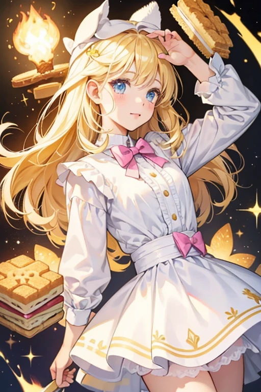 A girl white and yellow marshmallow sandwiched between two graham crackers. She has a pink bow and a normal expression. SPARKLE; GLITTER