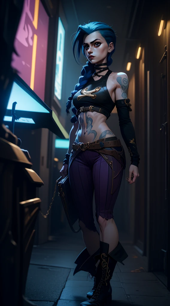 arcane style, fantasy city, the night, Fiery pink pupils, is at full height (Full body 1.1.), Fingers clenched into a fist, Middle finger gesture, Explosions, The flash, 1 girl, tattoo on arm, asymmetrical bangs, pompadour, For the blue, braid, brown shirt, Nube de tattoos, look at the viewer, the mad Hatter, upset look, the night, The city, green fur, Long hair, In your stomach, pink eyes, Red lips, shirt, Alone, standing, tattoo, twin braids, Upper part of the body, Lasso against the The evil eye, The evil eye \(League of Legends\), Fondo de pantalla CG unity 8k extremely detailed, Detailed light, cinematographic lighting, chromatic aberration, shimmering, expressionless, epic composition, dark in the background, Cherecter Design, Very detailed, detailed body, Vibrant, detailed face, Sharp focus, animated art, Vibrant, detailed face, Hugh Details, Sharp focus, very droopy face, A detailed eye, super fine illustration, best shadow, finely detail, Beautiful detailed glow, Beautiful detailed, extremely detailed, expressionless, epic composition, Featured on artstation, Octane rendering, art station hd, cinematographic, 4 thousand., hypermaximalist, elegant