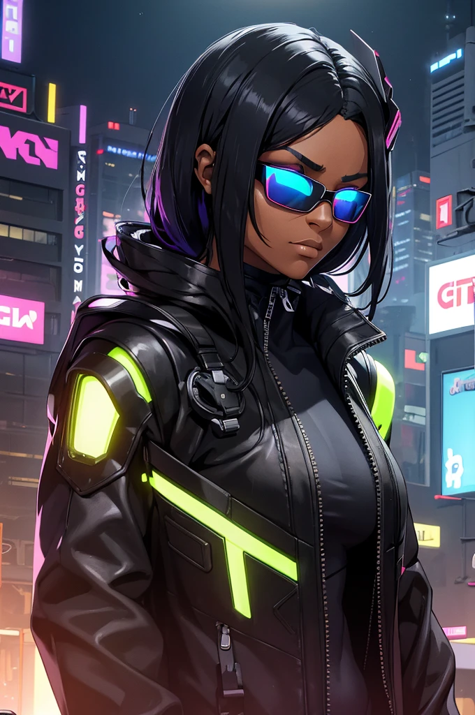 Cyberpunk,black yellow bodysuit,black afro*hairstyle) blue eyes,big blsck boots,cyberpunk face implants,,mechanical limbs,muscular,Gtscity,GtsGiga,leathers jacket,neon lights,purple tinted circle rimmed sunglasses, cyberpunk biker,best quailty,masterpiece ,dark skin,dark skinned female,solo