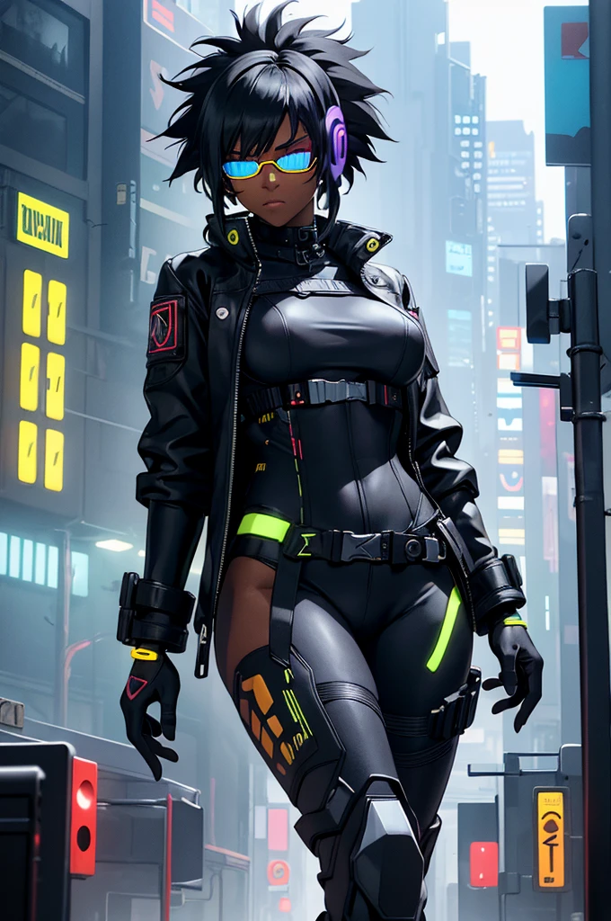 Cyberpunk,black yellow bodysuit,black afro*hairstyle) blue eyes,big blsck boots,cyberpunk face implants,,mechanical limbs,muscular,Gtscity,GtsGiga,leathers jacket,neon lights,purple tinted circle rimmed sunglasses, cyberpunk biker,best quailty,masterpiece ,dark skin,dark skinned female,solo