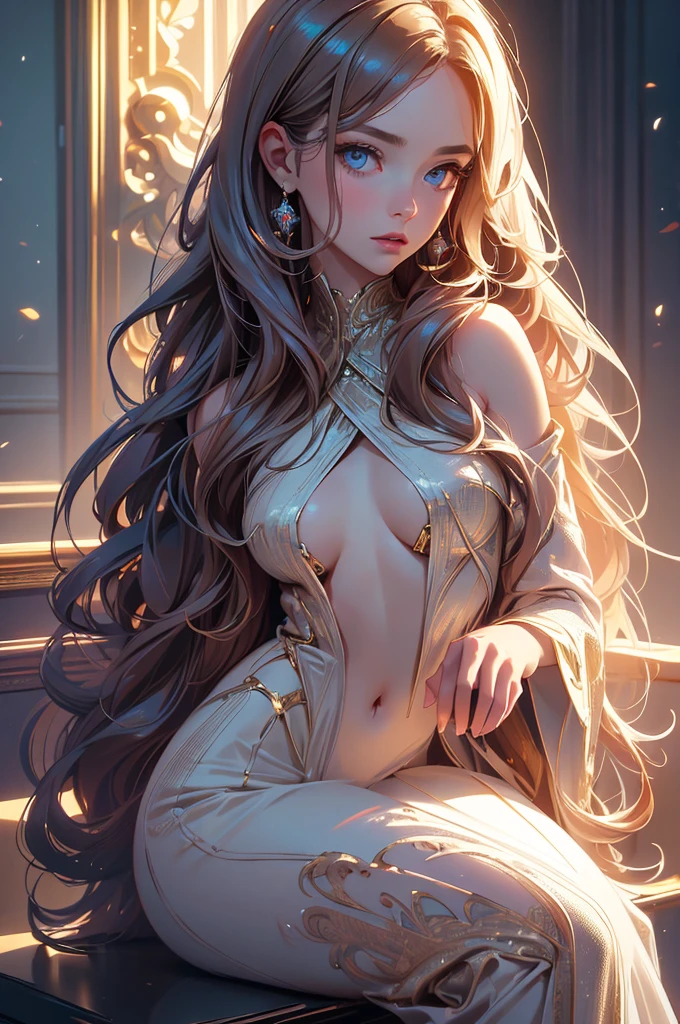 hyperrealistic image maximum quality, perfect masterpiece, perfect work of art, 8k. a young and beautiful nude angel woman posing seated,intricate detailed face and eyes,long wavy hair,elegant pose,angelic look,glowing aura,ethereal atmosphere,(best quality,8k,photorealistic,hyper detailed,masterpiece:1.2),cinematic lighting,warm soft colors,dramatic lighting,mystical,concept art