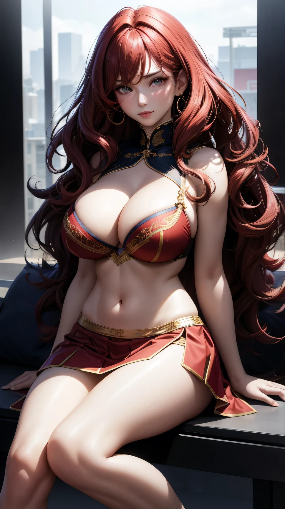 (best quality:1.5, highres, UHD, 4K, detailed lighting, shaders), red wavy haired, light hair, gradient hair, large , red bra, red social skirt, mature , (pov), white background, colorful eyeshadow, dramatic lighting, sparkling eyes, sensual expression, golden earrings, flowing hair, delicate facial featurft skin, high cheekbones, urban setting, white background, dont look for the camera, sit and lift the skirt up with finger , sit with leg open