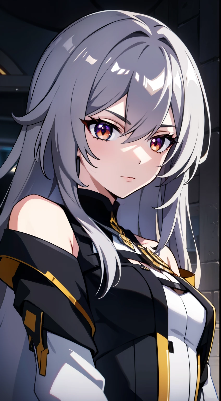 (high-quality, breathtaking),(expressive eyes, perfect face) portrait, 1girl, female, solo, adult woman, Symmetrical Eyes, age late 20, red eyes, long hair length, soft wavy flowy hair, loose hair, side bangs, looking at viewer, happy expression, white skin, elegant, regal, Stelle Honkai Star Rail, Path of Nihility, grey background, black dark purple color hair, death theme, serious expression, trailblazer coat, Acheron clothing, black coat with gold trim, bare shoulders,