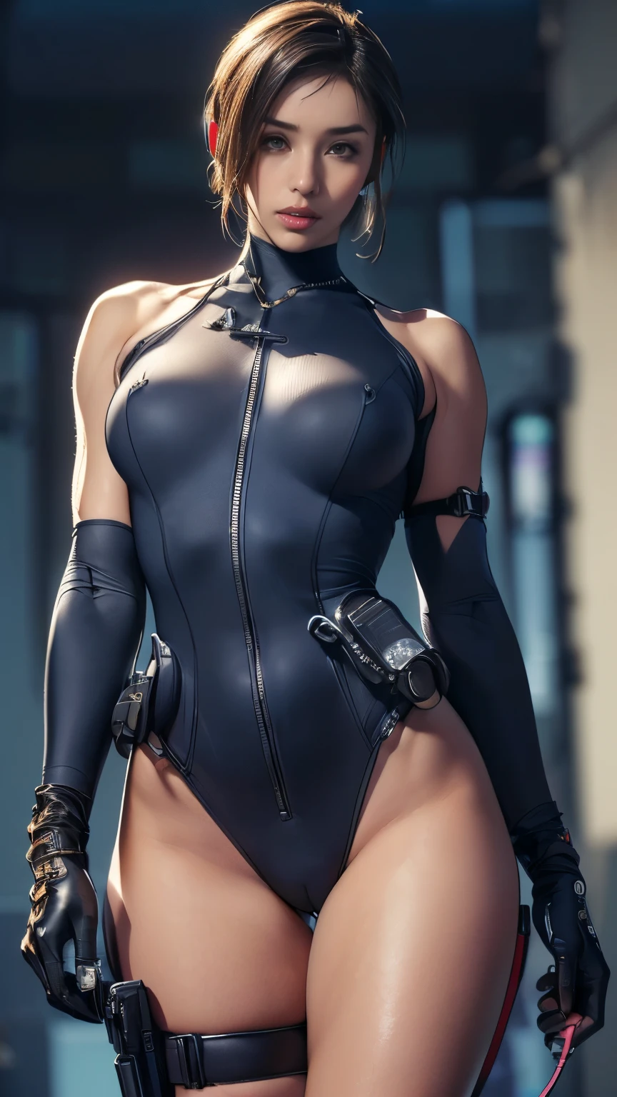 (A woman),(((A female member of the Future Force rides a motorcycle))),((Navy Tactical high leg bodysuit:1.5)),((earphone:1.5)),((Tactical Holster:1.5)),(Gloves:1.5),(Serious:1.5),(Super short hair:1.5),(bionde:1.5),(beautiful eyes:1.3),(Very detailedな顔:1.5),((Very detailed drawing of a female hand:1.5)),((muscular:1.5)),(Sexy appearance:1.5),((Thick thighs:1.5)),(Beautiful Body:1.5),((Very sensual:1.5)),(Background is hanger:1.5),(Cyberpunk atmosphere:1.5),(((Blurred background:1.5))),(Written border depth:1.5),rest(((masterpiece:1.5),(best quality:1.5),(Very detailed:1.5),(high resolution:1.5),(Practical:1.5),(Practical:1.5),(Delicate depiction),(carefully drawn))),8k,wallpaper, (((cameltoe:1.3)))