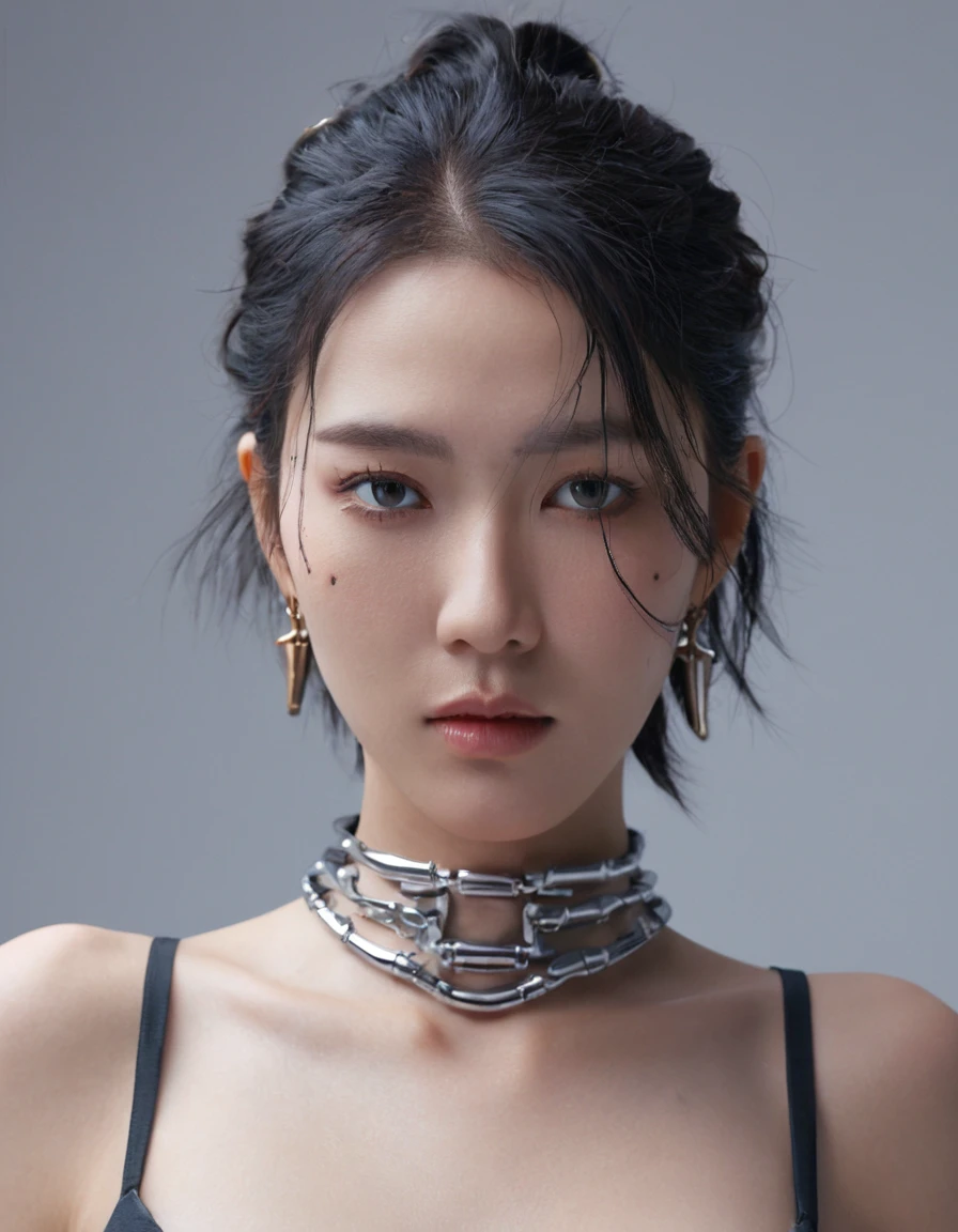 A stunning 4K photo-realistic image of a cyberpunk demi-human girl with an Asian face. Her visage is adorned with intricate machine implants, including a sleek silver visor that covers her eyes, revealing only a small slit for vision. These implants enable advanced sensory input and communication with her cybernetic systems.
Her skin is pale, with visible scars that tell a story of her past battles and a faint line where her flesh meets the cold metal of her implants. The seams are barely noticeable, indicating skilled integration between her organic and mechanical components.
Her hair is black, spiked up in an aggressive yet stylish manner. Small LED lights are integrated into the strands, flickering with various colors to match her mood. The hair is a statement piece, reflecting her rebellious spirit. The overall atmosphere of the image is captivating, photo, her body is embedded with mechanical implants under the skin, cyborg arms, cyberware lines embedded in her face, , (Photorealsitic)、(intricate detailes:1.2)、(masterpiece、:1.3)、beauty face, (top-quality:1.4)、(超A high resolution:1.2)、超A high resolution、(A detailed eye)、(detailed facial features), ((Realistic lighting、top-quality、8K、natural light, masterpiece:1.3))、bright photo, Clear focus:1.2、1girl in、flawless beauty:1.4、Superfine Face、big Narrow-eyed、double eyelid、photos realistic, perfect eyes, perfect skin, detailed skin, detailed face, looking viewer, front view, potrait, raw photo, simple soft pink background, (intricate detailed skin textured:1.4) front view, looking viewer, clear face, 1 girl、porate、Bright and very beautiful face、beautiful girl, A stunning close-up portrait showcasing the beauty of a Korean model. The composition features soft, natural lighting , bright eyes, and striking cheekbones.