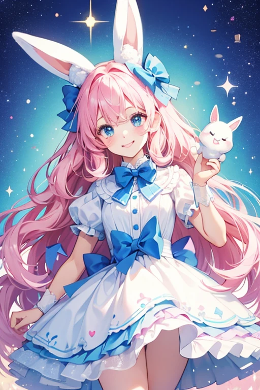 A half pink and half white marshmallow girl rabbit with a blue bow and a happy-winking face SPARKLE; GLITTER