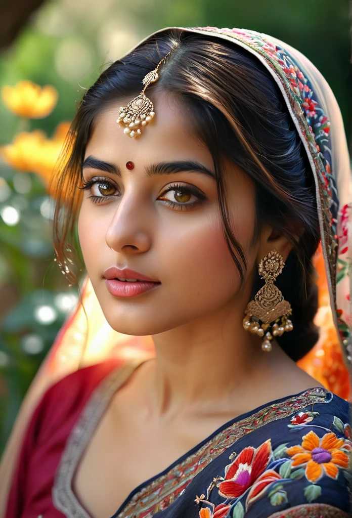 (Best quality,4k,8k,highres,masterpiece:1.2),ultra-detailed,(realistic,photorealistic,photo-realistic:1.37),stunning, vibrant colors,20 years indian young girl,beautiful detailed eyes,beautiful detailed lips,longeyelashes,medium:oil painting,soft blending techniques,warm and natural lighting,emotional expression,gentle smile,captivating gaze,delicate facial features,flowing hair,traditional syrian clothing,ornate patterns and embroidery,subtle texture on the skin,fine brushwork on the background,dreamy atmosphere,intimate and close-up composition,subtle hint of sadness but with hope shining through,a sense of resilience and strength,peaceful garden in the background,with colorful flowers and trees,soft sunlight filtering through the leaves,serene and tranquil setting,harmony between the girl and her surroundings. 1000K. Image Quality. Lively.
