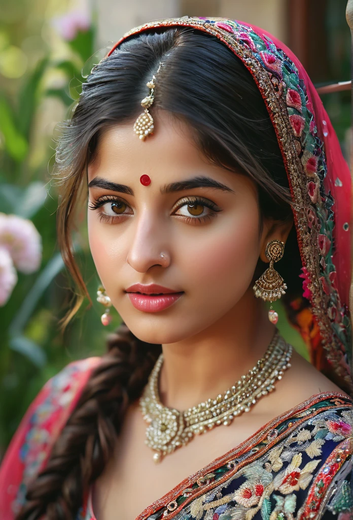 (Best quality,4k,8k,highres,masterpiece:1.2),ultra-detailed,(realistic,photorealistic,photo-realistic:1.37),stunning, vibrant colors,20 years indian young girl,beautiful detailed eyes,beautiful detailed lips,longeyelashes,medium:oil painting,soft blending techniques,warm and natural lighting,emotional expression,gentle smile,captivating gaze,delicate facial features,flowing hair,traditional syrian clothing,ornate patterns and embroidery,subtle texture on the skin,fine brushwork on the background,dreamy atmosphere,intimate and close-up composition,subtle hint of sadness but with hope shining through,a sense of resilience and strength,peaceful garden in the background,with colorful flowers and trees,soft sunlight filtering through the leaves,serene and tranquil setting,harmony between the girl and her surroundings. 1000K. Image Quality. Lively.
