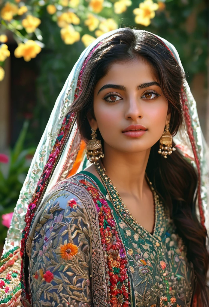 (Best quality,4k,8k,highres,masterpiece:1.2),ultra-detailed,(realistic,photorealistic,photo-realistic:1.37),stunning, vibrant colors,20 years indian young girl,beautiful detailed eyes,beautiful detailed lips,longeyelashes,medium:oil painting,soft blending techniques,warm and natural lighting,emotional expression,gentle smile,captivating gaze,delicate facial features,flowing hair,traditional syrian clothing,ornate patterns and embroidery,subtle texture on the skin,fine brushwork on the background,dreamy atmosphere,intimate and close-up composition,subtle hint of sadness but with hope shining through,a sense of resilience and strength,peaceful garden in the background,with colorful flowers and trees,soft sunlight filtering through the leaves,serene and tranquil setting,harmony between the girl and her surroundings. 1000K. Image Quality. Lively.