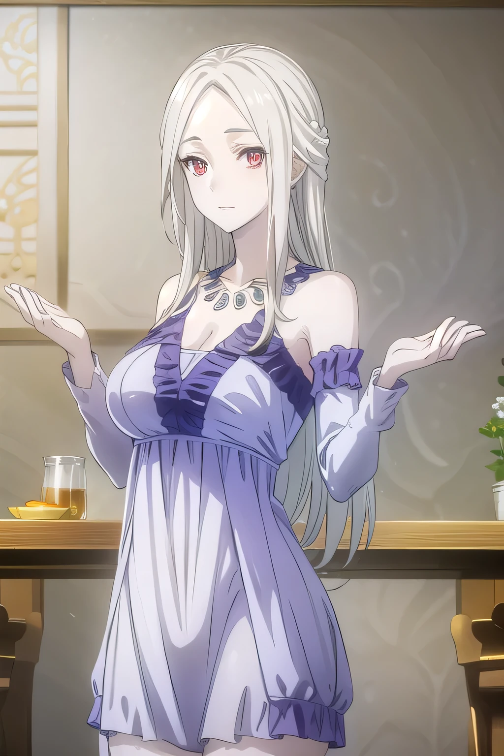 leonoranakiri, leonora nakiri, long hair, (red eyes:1.2), white hair, pale skin, (forehead:1.2), smile,
BREAK dress, cleavage, bare shoulders, jewelry, necklace, blue dress,
BREAK indoors,
BREAK looking at viewer, (cowboy shot:1.5),
BREAK (masterpiece:1.2), best quality, high resolution, unity 8k wallpaper, (illustration:0.8), (beautiful detailed eyes:1.6), extremely detailed face, perfect lighting, extremely detailed CG, (perfect hands, perfect anatomy),sitting in chair,middle size of breasts 