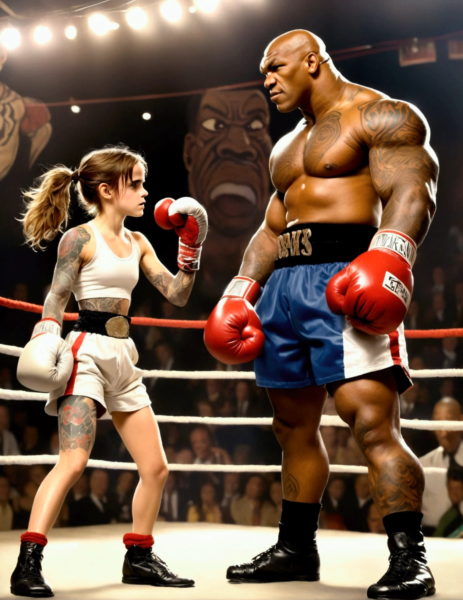 (Extreme complexity, two subjects fighting) (subject 1: Emma Watson, age 14, cute Olympic boxing outfit, in a boxing stance.) She is in the boxing ring facing (Subject 2: Mike Tyson (age 30, in his muscular prime, scary tattoos, fighting stance))
