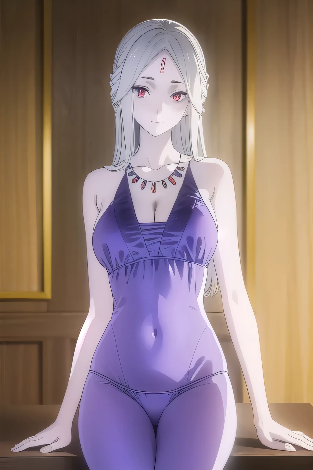 leonoranakiri, leonora nakiri, long hair, (red eyes:1.2), white hair, pale skin, (forehead:1.2), smile,
BREAK swimsuit, cleavage, bare shoulders, jewelry, necklace, swimsuit blue ,
BREAK indoors,
BREAK looking at viewer, (cowboy shot:1.5),
BREAK (masterpiece:1.2), best quality, high resolution, unity 8k wallpaper, (illustration:0.8), (beautiful detailed eyes:1.6), extremely detailed face, perfect lighting, extremely detailed CG, (perfect hands, perfect anatomy),sitting in chair,middle size of breasts