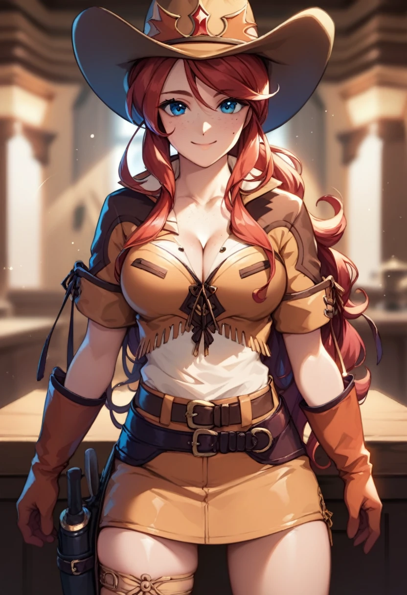 score_9, score_8_up, score_7_up, very aesthetic, source_anime, detailed, high quality, beautiful, masterpiece, detailed eyes,
(Indoors), dark, (night time), blurry background,
cowboy shot, upper body, smile, facing the viewer, looking at the viewer, closed mouth
gemini sunrise, red hair, long hair, blue eyes, freckles, sidelocks, big breasts, cleavage,
belt, thigh strap, cowboy hat, cowboy boots, fringe trim, gloves, miniskirt, zPDXL