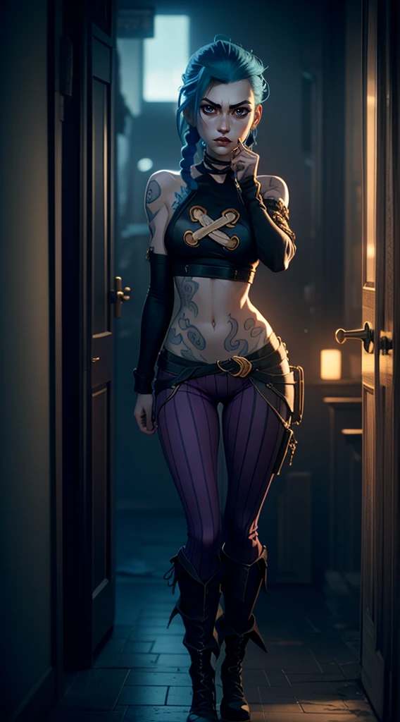 arcane style, fantasy city, the night, Fiery pink pupils, is at full height (Full body 1.1.), Fingers clenched into a fist, Middle finger gesture, Explosions, The flash, 1 girl, tattoo on arm, asymmetrical bangs, pompadour, For the blue, braid, brown shirt, Nube de tattoos, look at the viewer, the mad Hatter, upset look, the night, The city, green fur, Long hair, In your stomach, pink eyes, Red lips, shirt, Alone, standing, tattoo, twin braids, Upper part of the body, Lasso against the The evil eye, The evil eye \(League of Legends\), Fondo de pantalla CG unity 8k extremely detailed, Detailed light, cinematographic lighting, chromatic aberration, shimmering, expressionless, epic composition, dark in the background, Cherecter Design, Very detailed, detailed body, Vibrant, detailed face, Sharp focus, animated art, Vibrant, detailed face, Hugh Details, Sharp focus, very droopy face, A detailed eye, super fine illustration, best shadow, finely detail, Beautiful detailed glow, Beautiful detailed, extremely detailed, expressionless, epic composition, Featured on artstation, Octane rendering, art station hd, cinematographic, 4 thousand., hypermaximalist, elegant