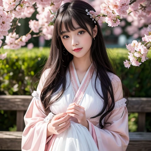 best quality, Delicate face,beautiful visual work, lifelike, eternity, black hair, Long curly hair, blunt bangs, Smile, Detailed Background, Delicate face,pink blush,cold,((masterpiece))、(top quality)、8k、high detail、Super detailed,21 years old female,Wearing wide-sleeved Tang Dynasty Hanfu、Clothes made of chiffon,Seductive and whimsical style、masterpiece、born、Scenes resembling fairy tale illustrations、intricate details和複雜的設計、Beautifully、magic、capricious、 Beautifully、Dream aesthetics、「𝓡𝓸𝓶𝓪𝓷𝓽𝓲𝓬、ethereal、charming、fickle、magic」、realism、Visual effects、FXAA、SSAO、Shader、voiceless、ambient lighting、Tone mapping、High resolution、Ultra high quality、Million pixels、(8K resolution:1.10)、8k、8k以下、8K resolution、high detail、intricate details, (high quality:1.2、masterpiece:1.2、:1.21)、(21 years old female:1.21)、(興奮地Smile)、(Surrounded by a dreamy atmosphere、Model diagram,full-body shot,Normal 2 feet,don't stretch out your hand,When wearing clothes, you can see the protrusions of your breasts. They are big breasts., Big , H cups on the chest, Landscape photos