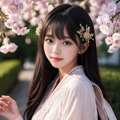 best quality, Delicate face,beautiful visual work, lifelike, eternity, black hair, Long curly hair, blunt bangs, Smile, Detailed Background, Delicate face,pink blush,cold,((masterpiece))、(top quality)、8k、high detail、Super detailed,21 years old female,Wearing wide-sleeved Tang Dynasty Hanfu、Clothes made of chiffon,Seductive and whimsical style、masterpiece、born、Scenes resembling fairy tale illustrations、intricate details和複雜的設計、Beautifully、magic、capricious、 Beautifully、Dream aesthetics、「𝓡𝓸𝓶𝓪𝓷𝓽𝓲𝓬、ethereal、charming、fickle、magic」、realism、Visual effects、FXAA、SSAO、Shader、voiceless、ambient lighting、Tone mapping、High resolution、Ultra high quality、Million pixels、(8K resolution:1.10)、8k、8k以下、8K resolution、high detail、intricate details, (high quality:1.2、masterpiece:1.2、:1.21)、(21 years old female:1.21)、(興奮地Smile)、(Surrounded by a dreamy atmosphere、Model diagram,full-body shot,Normal 2 feet,don't stretch out your hand,When wearing clothes, you can see the protrusions of your breasts. They are big breasts., Big , H cups on the chest, Landscape photos