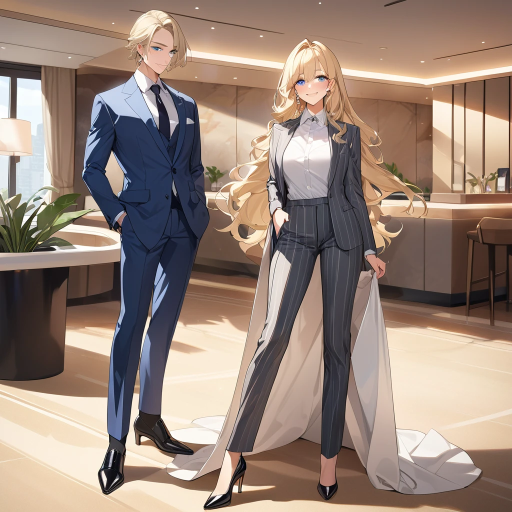 (Highest quality、Very detailed、Ultra-high resolution) 、(1 girl、17 years old、Mature), blue eyes、smile、((Blonde))、Semi-long hair、Beautiful breasts、(suit:1.4), T shirt, High heels, earrings