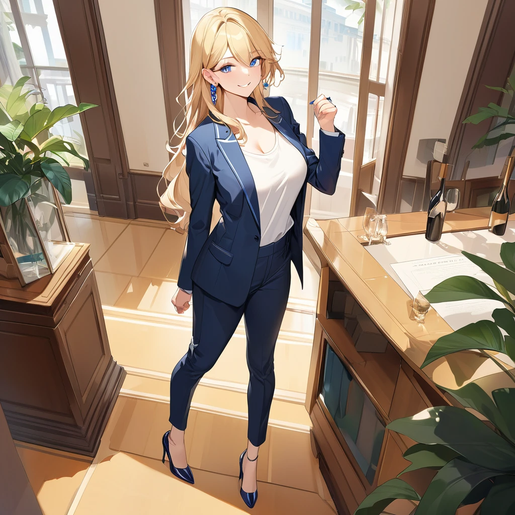 (Highest quality、Very detailed、Ultra-high resolution) 、(1 girl、17 years old、Mature), blue eyes、smile、((Blonde))、Semi-long hair、Beautiful breasts、(suit:1.4), T shirt, High heels, earrings