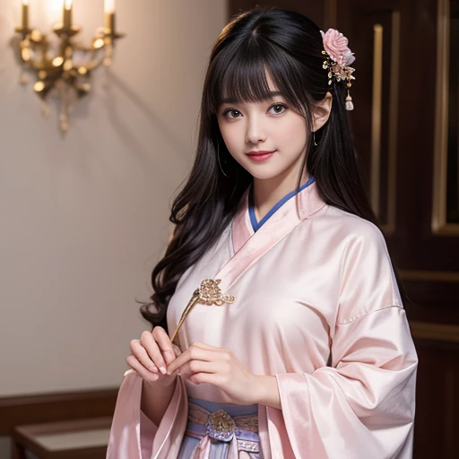 best quality, Delicate face,beautiful visual work, lifelike, eternity, black hair, Long curly hair, blunt bangs, Smile, Detailed Background, Delicate face,pink blush,cold,((masterpiece))、(top quality)、8k、high detail、Super detailed,21 years old female,Wearing wide-sleeved Tang Dynasty Hanfu、Clothes made of chiffon,Seductive and whimsical style、masterpiece、born、Scenes resembling fairy tale illustrations、intricate details和複雜的設計、Beautifully、magic、capricious、 Beautifully、Dream aesthetics、「𝓡𝓸𝓶𝓪𝓷𝓽𝓲𝓬、ethereal、charming、fickle、magic」、realism、Visual effects、FXAA、SSAO、Shader、voiceless、ambient lighting、Tone mapping、High resolution、Ultra high quality、Million pixels、(8K resolution:1.10)、8k、8k以下、8K resolution、high detail、intricate details, (high quality:1.2、masterpiece:1.2、:1.21)、(21 years old female:1.21)、(興奮地Smile)、(Surrounded by a dreamy atmosphere、Model diagram,full-body shot,Normal 2 feet,don't stretch out your hand,When wearing clothes, you can see the protrusions of your breasts. They are big breasts., Big , H cups on the chest, Landscape photos