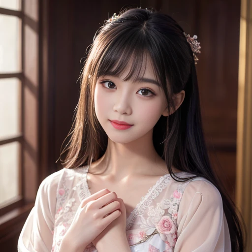 best quality, Delicate face,beautiful visual work, lifelike, eternity, black hair, Long curly hair, blunt bangs, Smile, Detailed Background, Delicate face,pink blush,cold,((masterpiece))、(top quality)、8k、high detail、Super detailed,21 years old female,Wearing wide-sleeved Tang Dynasty Hanfu、Clothes made of chiffon,Seductive and whimsical style、masterpiece、born、Scenes resembling fairy tale illustrations、intricate details和複雜的設計、Beautifully、magic、capricious、 Beautifully、Dream aesthetics、「𝓡𝓸𝓶𝓪𝓷𝓽𝓲𝓬、ethereal、charming、fickle、magic」、realism、Visual effects、FXAA、SSAO、Shader、voiceless、ambient lighting、Tone mapping、High resolution、Ultra high quality、Million pixels、(8K resolution:1.10)、8k、8k以下、8K resolution、high detail、intricate details, (high quality:1.2、masterpiece:1.2、:1.21)、(21 years old female:1.21)、(興奮地Smile)、(Surrounded by a dreamy atmosphere、Model diagram,full-body shot,Normal 2 feet,don't stretch out your hand,When wearing clothes, you can see the protrusions of your breasts. They are big breasts., Big , H cups on the chest, Landscape photos