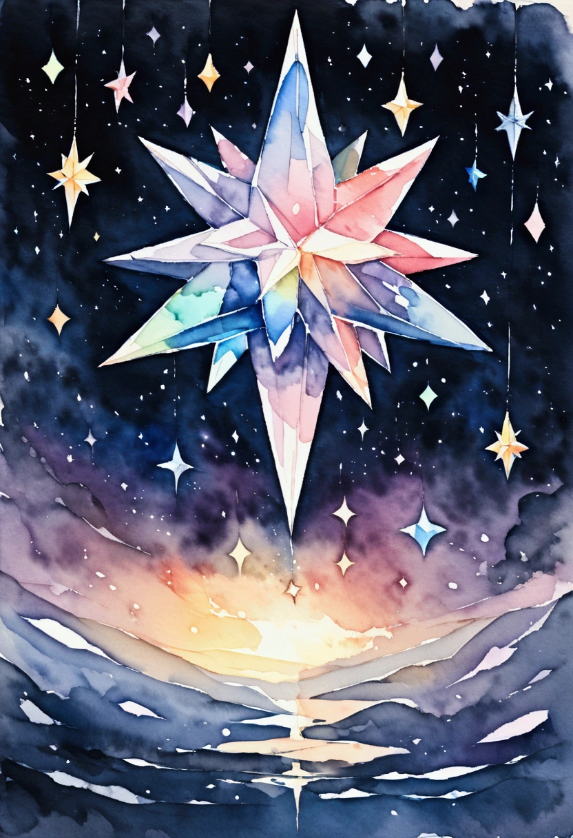 A crystal star in the middle of a starry universe. No people. Watercolor painting.