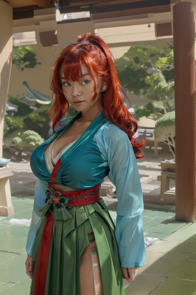 Young asian woman, tanned skin, red hairs, blue eyes, green skirt, red obi, dark teal sleeves