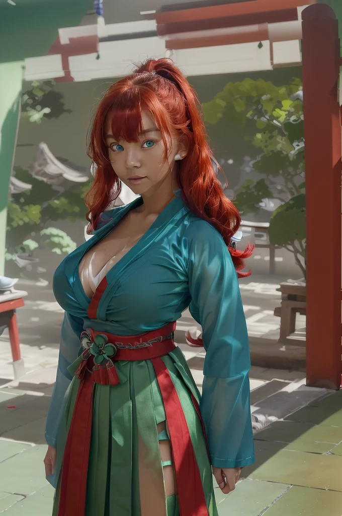 Young asian woman, tanned skin, red hairs, blue eyes, green skirt, red obi, dark teal sleeves